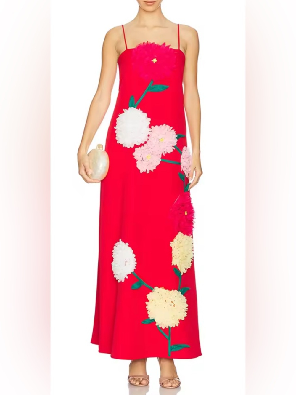 NEW $238 Spring Poppy Appliqué Spaghetti Strap Maxi Dress